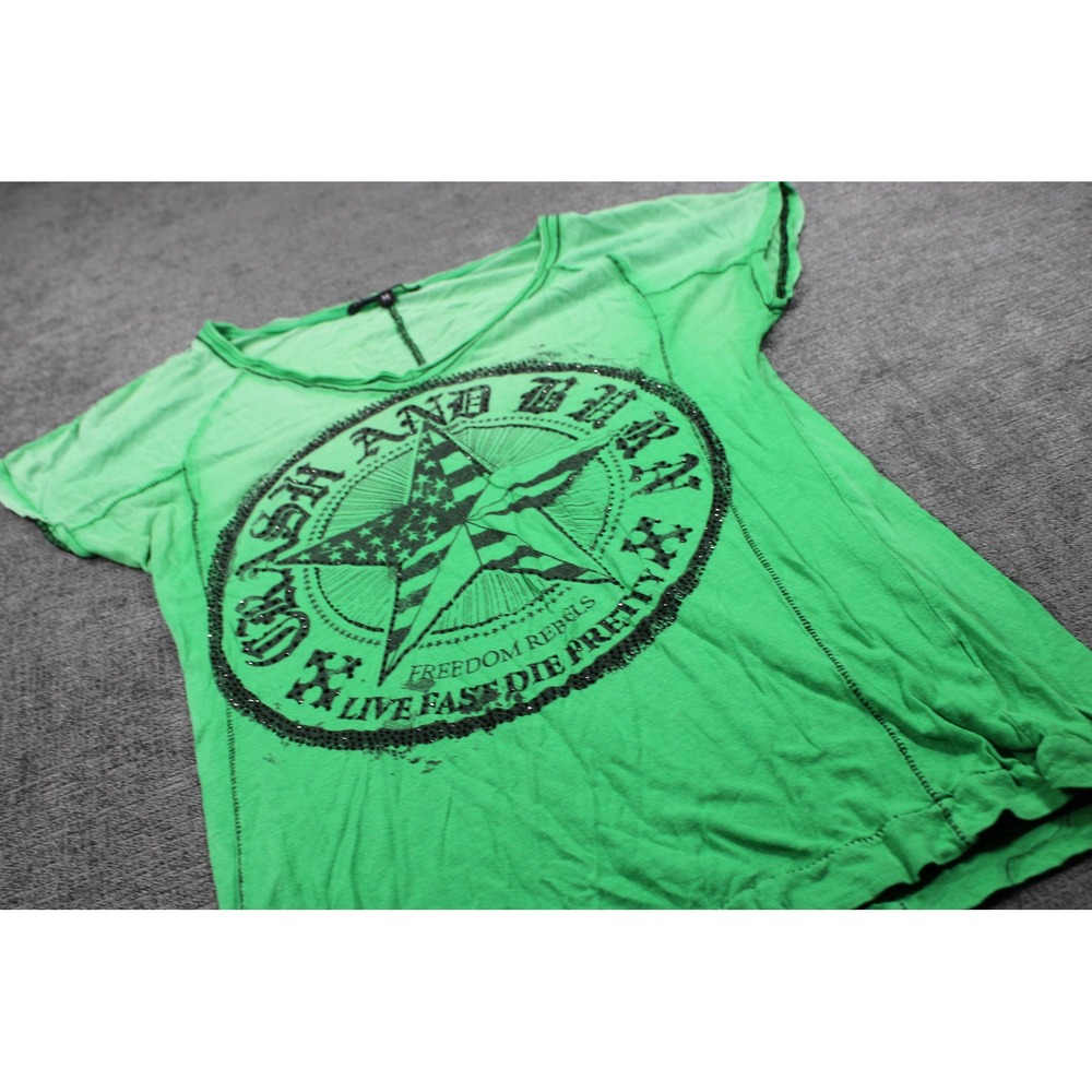 Crash and Burn Green Graphic Tee Rhinestone Freedom Rebels Y2K Biker Top Medium